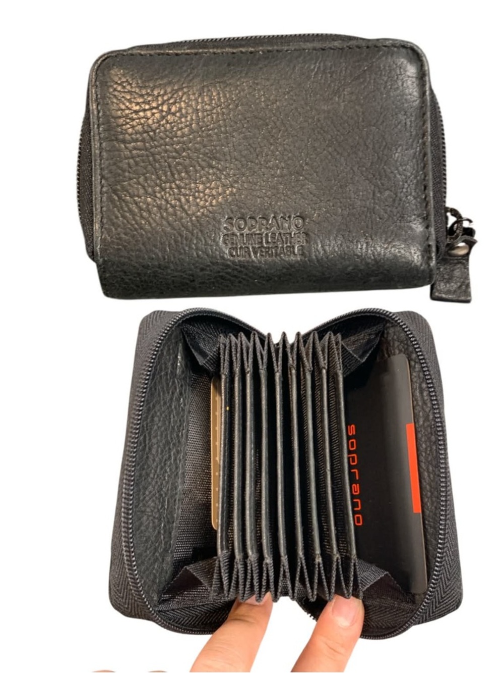 Soprano Black Leather Accordion Zip Card Wallet